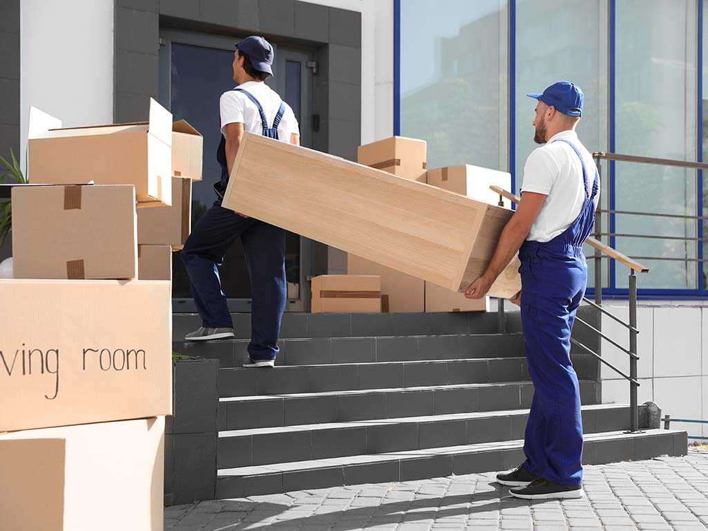 Male Movers Carrying Shelving Unit Into New House